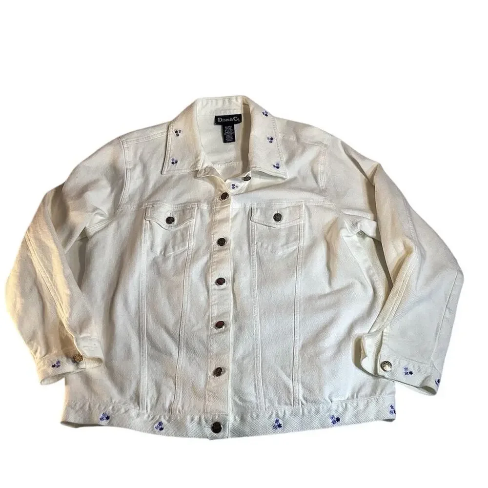 Denim &‎ Co Women's Ivory Floral Embroidered Denim Jacket Size L